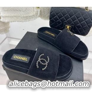 Top Grade Chanel Towel Cloth Flat Slide Sandals Black 428129