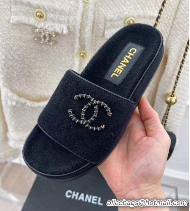 Top Grade Chanel Towel Cloth Flat Slide Sandals Black 428129