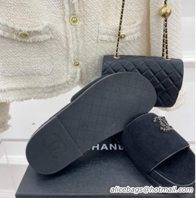 Top Grade Chanel Towel Cloth Flat Slide Sandals Black 428129