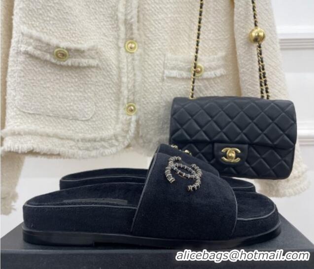 Top Grade Chanel Towel Cloth Flat Slide Sandals Black 428129