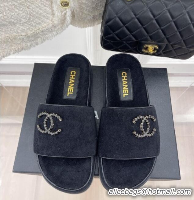 Top Grade Chanel Towel Cloth Flat Slide Sandals Black 428129