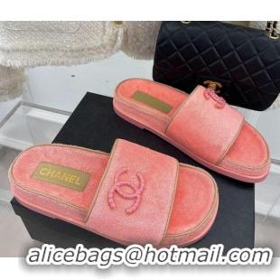 Best Grade Chanel Towel Cloth Flat Slide Sandals Peachy Pink 428130