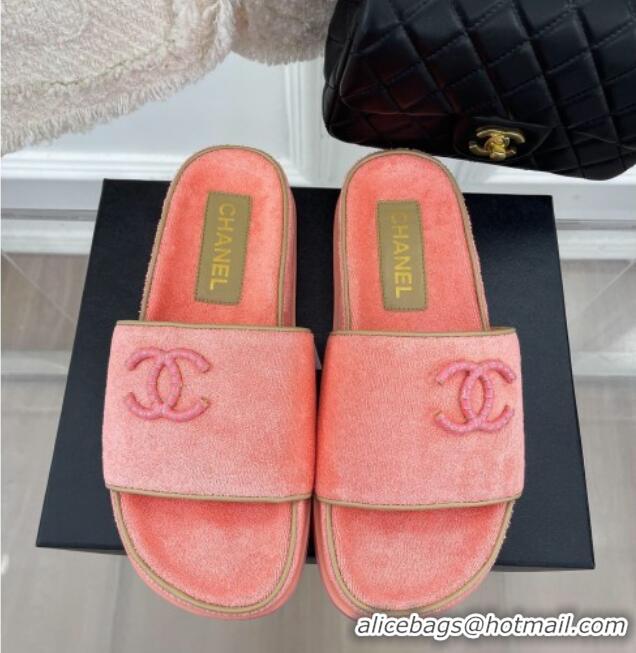 Best Grade Chanel Towel Cloth Flat Slide Sandals Peachy Pink 428130