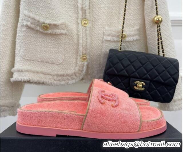 Best Grade Chanel Towel Cloth Flat Slide Sandals Peachy Pink 428130