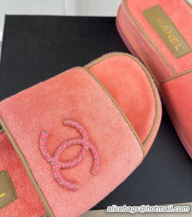 Best Grade Chanel Towel Cloth Flat Slide Sandals Peachy Pink 428130