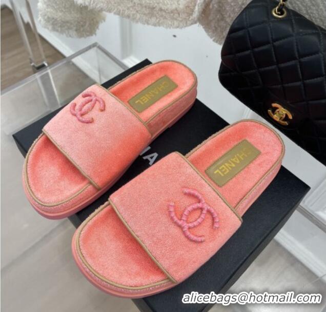 Best Grade Chanel Towel Cloth Flat Slide Sandals Peachy Pink 428130