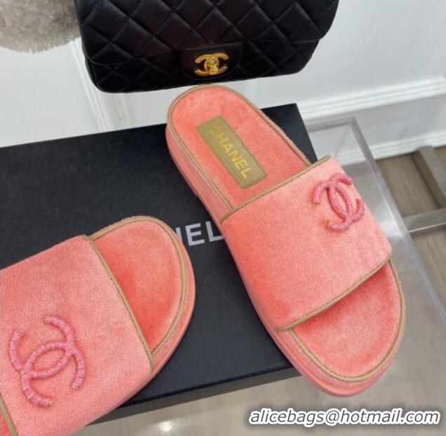 Best Grade Chanel Towel Cloth Flat Slide Sandals Peachy Pink 428130