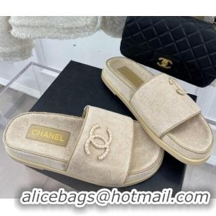 Best Price Chanel Towel Cloth Flat Slide Sandals Beige 428131