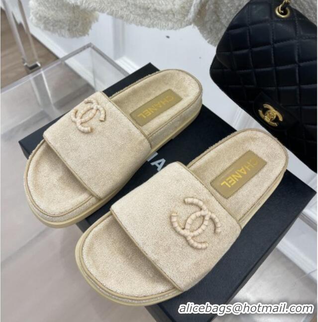 Best Price Chanel Towel Cloth Flat Slide Sandals Beige 428131