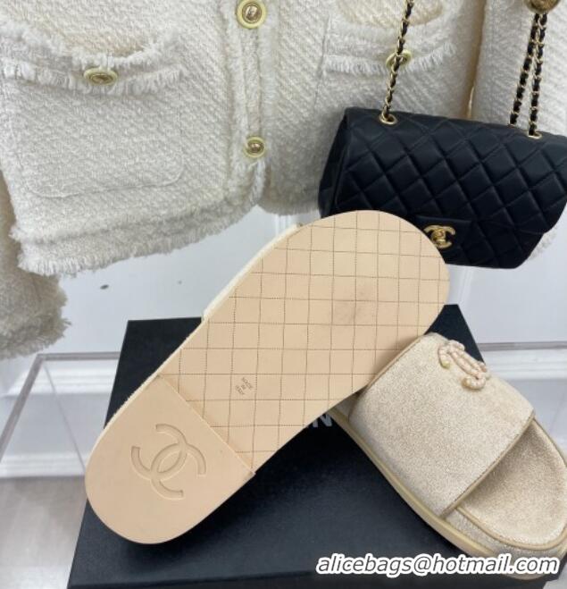 Best Price Chanel Towel Cloth Flat Slide Sandals Beige 428131