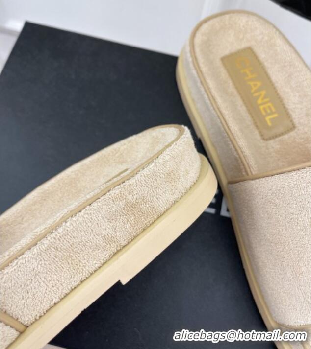 Best Price Chanel Towel Cloth Flat Slide Sandals Beige 428131