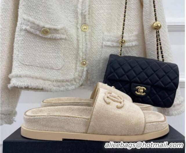 Best Price Chanel Towel Cloth Flat Slide Sandals Beige 428131