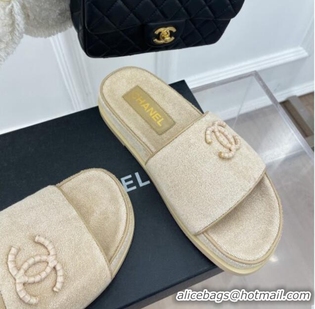 Best Price Chanel Towel Cloth Flat Slide Sandals Beige 428131