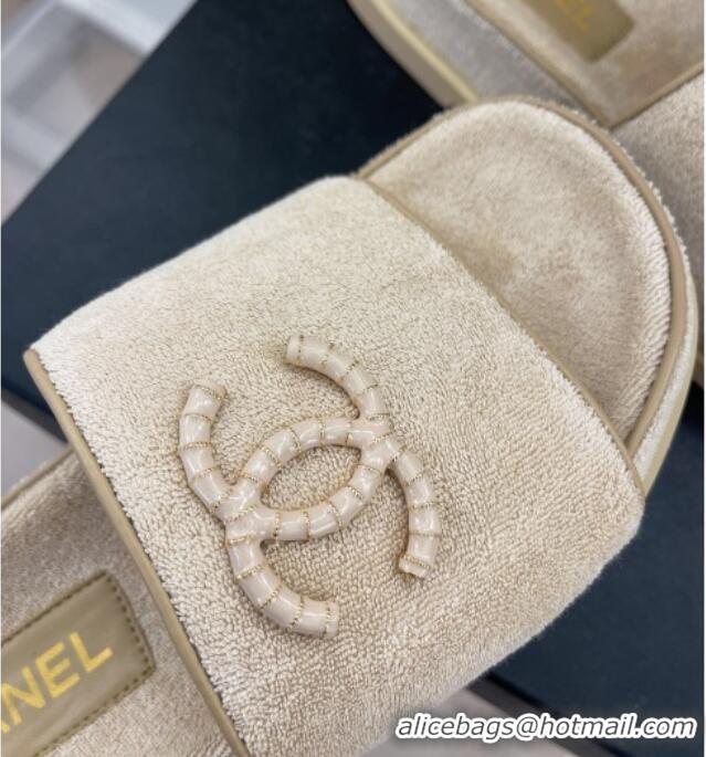 Best Price Chanel Towel Cloth Flat Slide Sandals Beige 428131