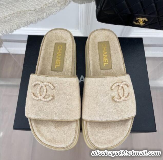 Best Price Chanel Towel Cloth Flat Slide Sandals Beige 428131