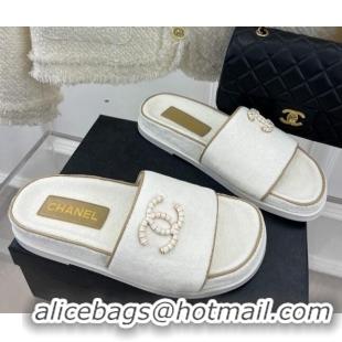 Good Looking Chanel Towel Cloth Flat Slide Sandals White 428132