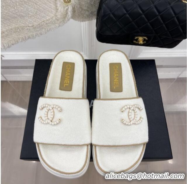 Good Looking Chanel Towel Cloth Flat Slide Sandals White 428132