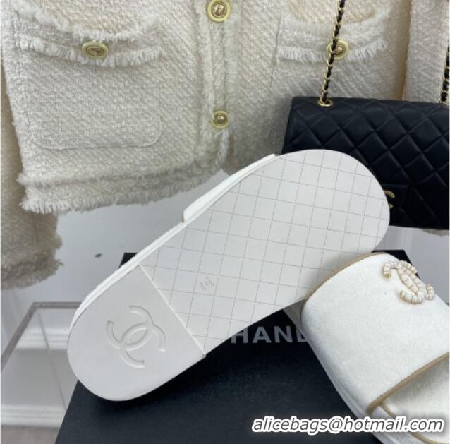 Good Looking Chanel Towel Cloth Flat Slide Sandals White 428132