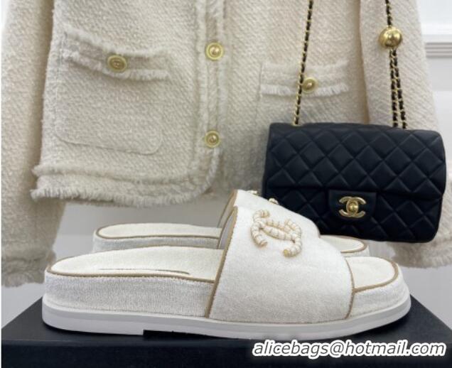 Good Looking Chanel Towel Cloth Flat Slide Sandals White 428132