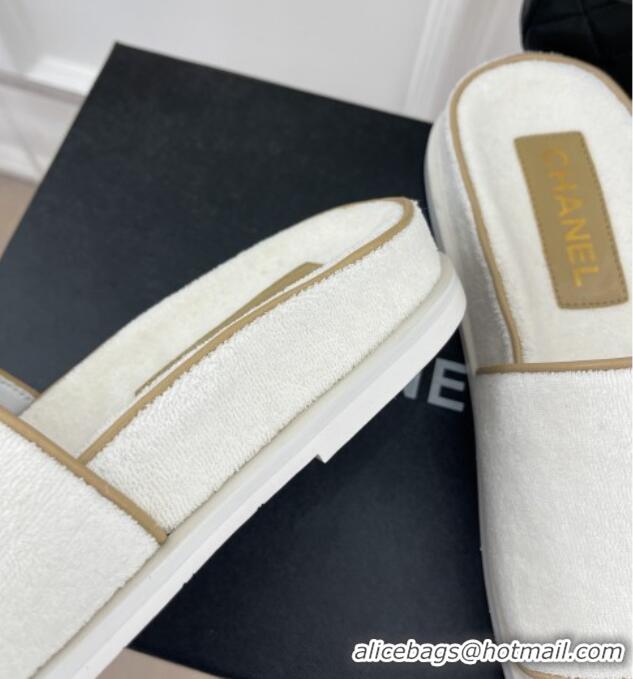 Good Looking Chanel Towel Cloth Flat Slide Sandals White 428132