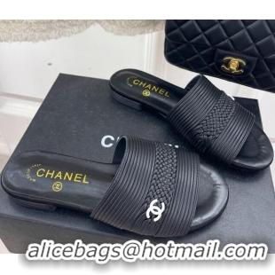 Best Product Chanel Calfskin Braided Flat Slide Sandals Black 428133