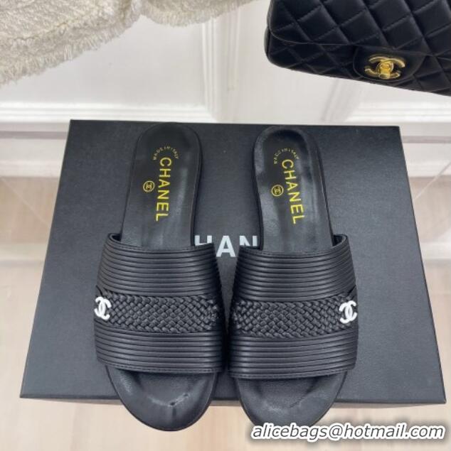 Best Product Chanel Calfskin Braided Flat Slide Sandals Black 428133