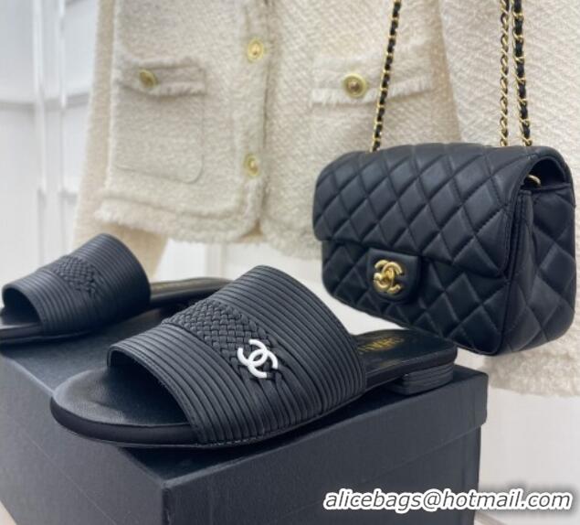 Best Product Chanel Calfskin Braided Flat Slide Sandals Black 428133