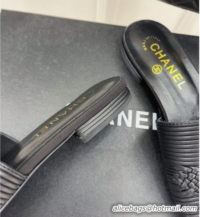 Best Product Chanel Calfskin Braided Flat Slide Sandals Black 428133