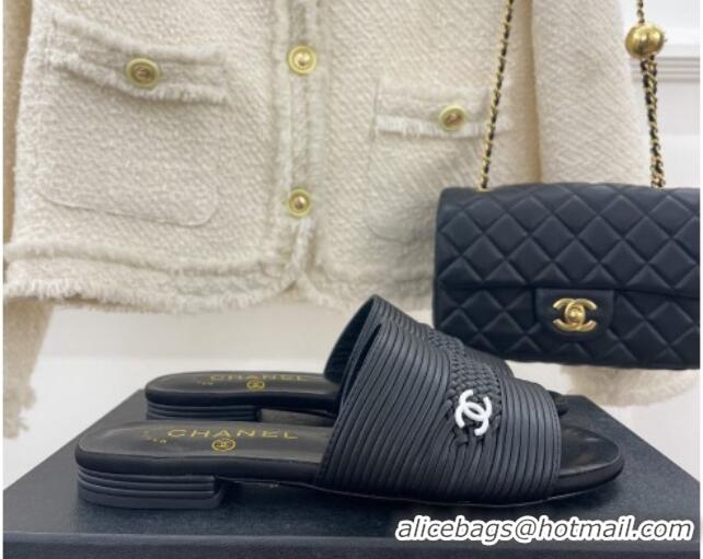 Best Product Chanel Calfskin Braided Flat Slide Sandals Black 428133