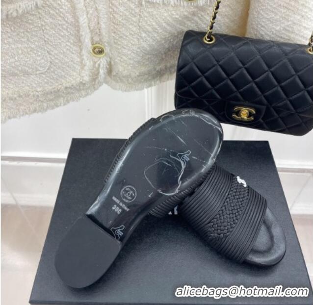 Best Product Chanel Calfskin Braided Flat Slide Sandals Black 428133