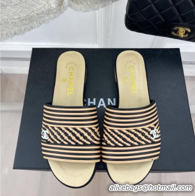 Popular Style Chanel Calfskin Braided Flat Slide Sandals Beige/Black Stripes 428134