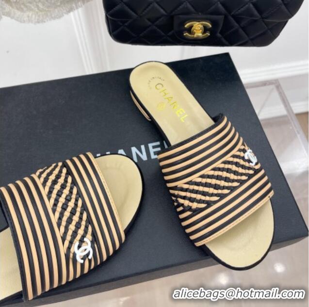 Popular Style Chanel Calfskin Braided Flat Slide Sandals Beige/Black Stripes 428134