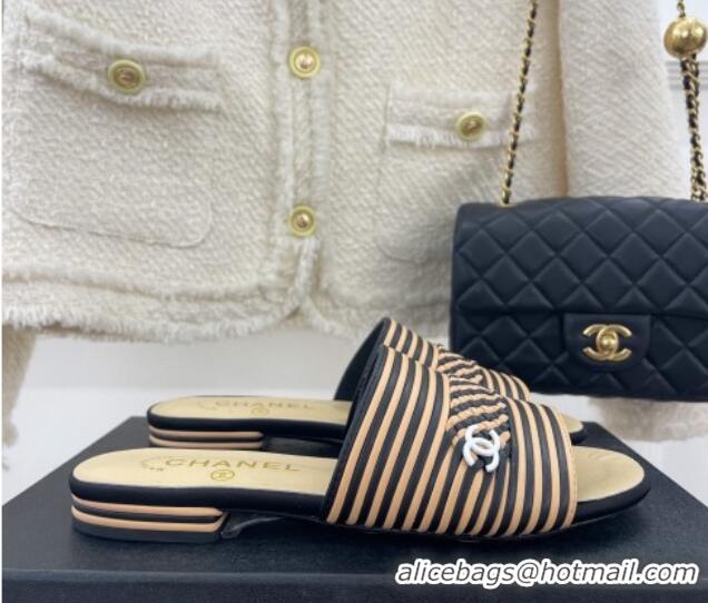 Popular Style Chanel Calfskin Braided Flat Slide Sandals Beige/Black Stripes 428134