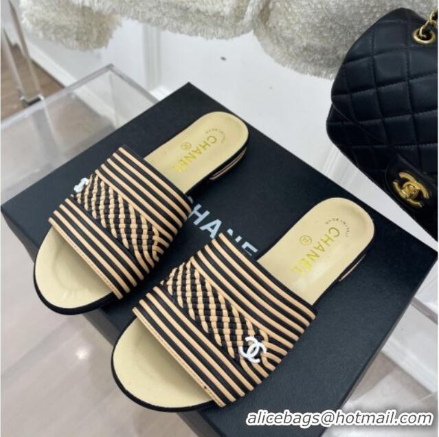 Popular Style Chanel Calfskin Braided Flat Slide Sandals Beige/Black Stripes 428134