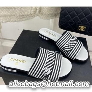 Sumptuous Chanel Calfskin Braided Flat Slide Sandals Black/White Stripes 428135