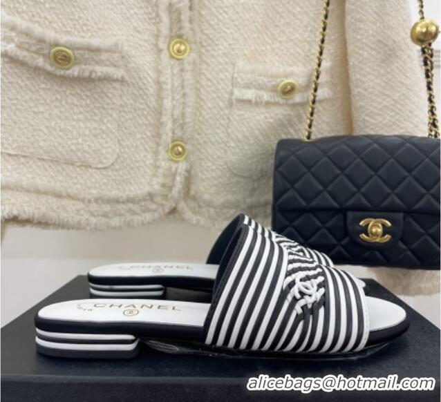 Sumptuous Chanel Calfskin Braided Flat Slide Sandals Black/White Stripes 428135