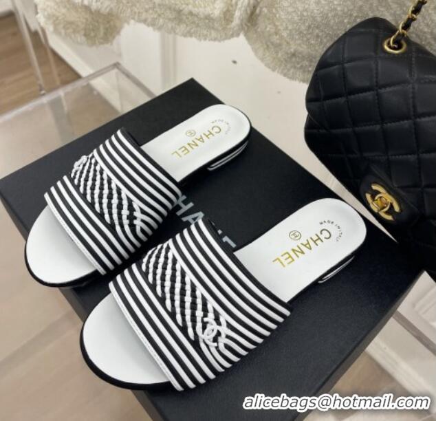 Sumptuous Chanel Calfskin Braided Flat Slide Sandals Black/White Stripes 428135