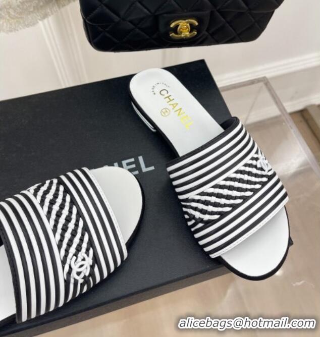 Sumptuous Chanel Calfskin Braided Flat Slide Sandals Black/White Stripes 428135