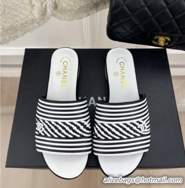 Sumptuous Chanel Calfskin Braided Flat Slide Sandals Black/White Stripes 428135