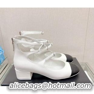 Luxurious Chanel Lambskin Mary Janes Pumps 4cm with Triple Buckle White 428136