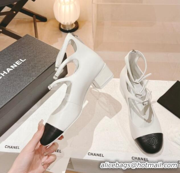 Luxurious Chanel Lambskin Mary Janes Pumps 4cm with Triple Buckle White 428136