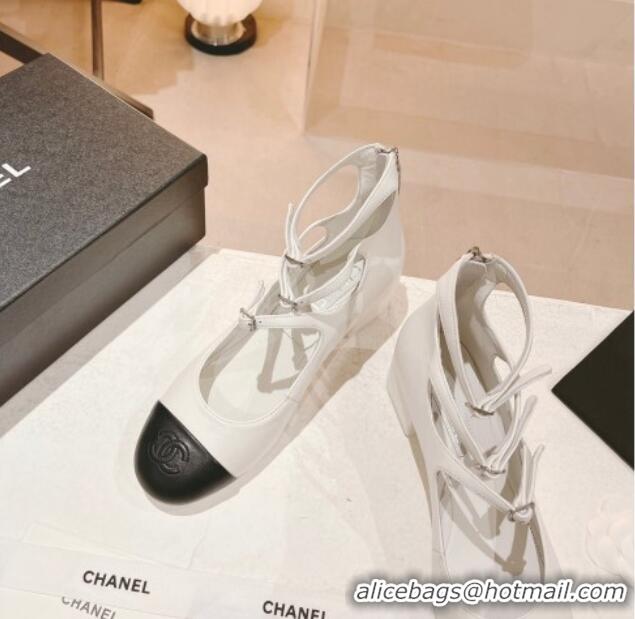 Luxurious Chanel Lambskin Mary Janes Pumps 4cm with Triple Buckle White 428136