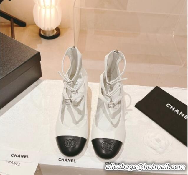 Luxurious Chanel Lambskin Mary Janes Pumps 4cm with Triple Buckle White 428136