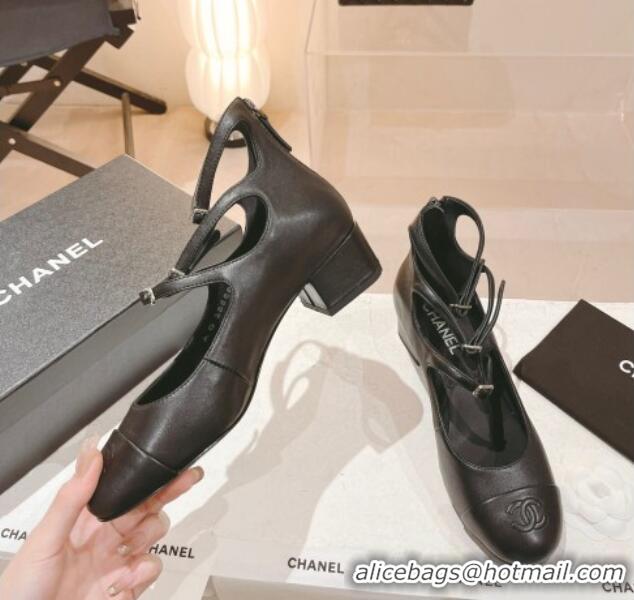 Charming Chanel Lambskin Mary Janes Pumps 4cm with Triple Buckle Black 428137