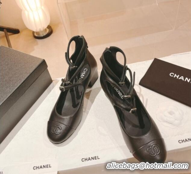 Charming Chanel Lambskin Mary Janes Pumps 4cm with Triple Buckle Black 428137