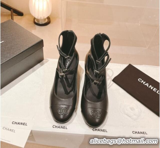 Charming Chanel Lambskin Mary Janes Pumps 4cm with Triple Buckle Black 428137