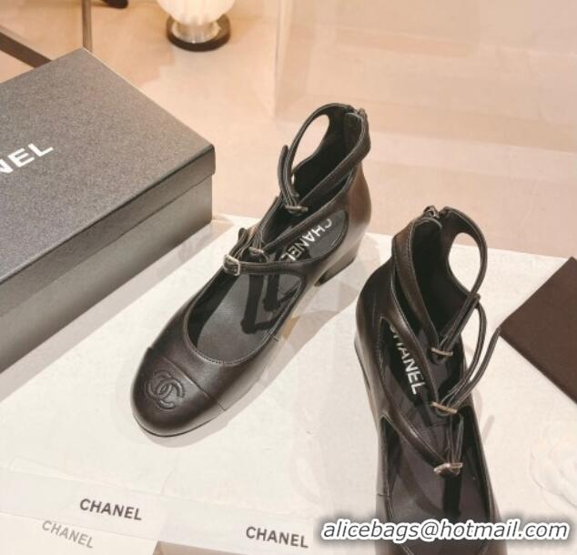 Charming Chanel Lambskin Mary Janes Pumps 4cm with Triple Buckle Black 428137