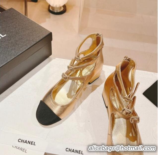 Good Quality Chanel Lambskin Mary Janes Pumps 4cm with Triple Buckle Gold 428138