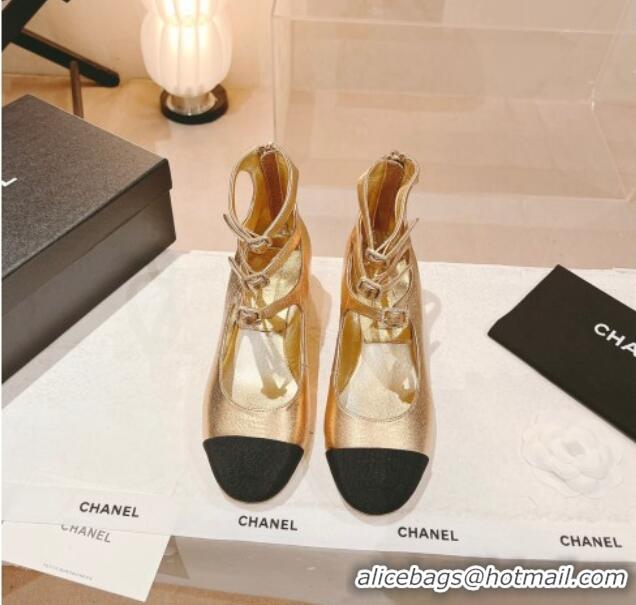 Good Quality Chanel Lambskin Mary Janes Pumps 4cm with Triple Buckle Gold 428138