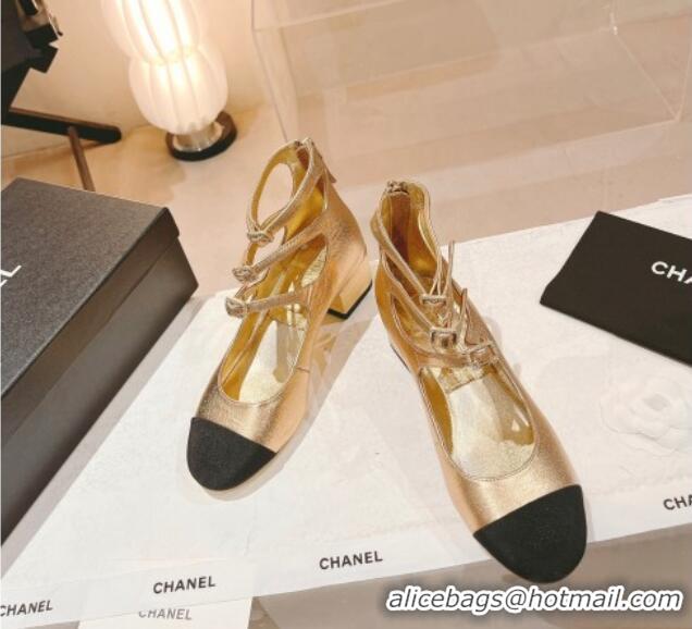 Good Quality Chanel Lambskin Mary Janes Pumps 4cm with Triple Buckle Gold 428138